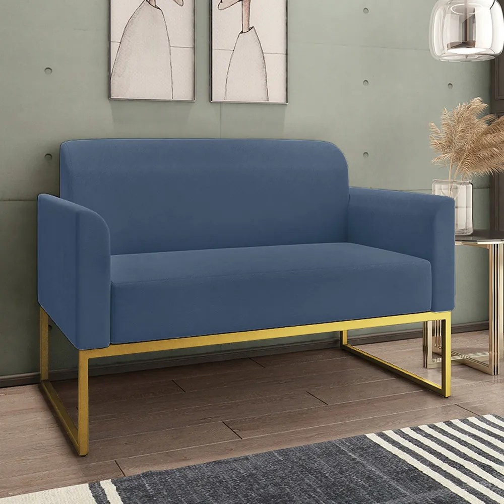 Poltrona Namoradeira Decorativa Isabella Base Industrial Suede Azul Marinho/Dourado G19 - Gran Belo