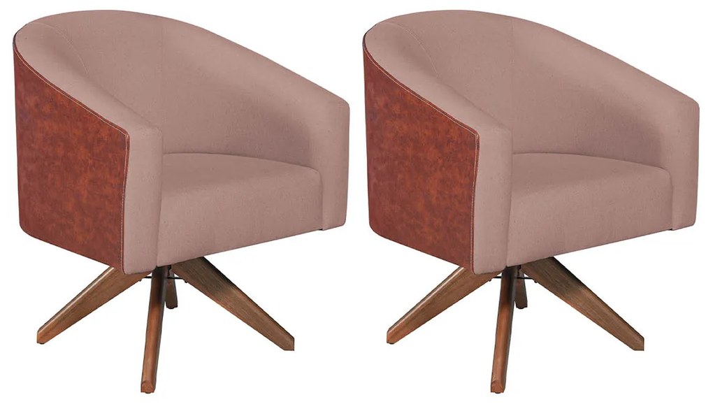 kit 02 Poltronas Luiza Base Giratória de Madeira Sintético Nozes e Linho Rosê - ADJ Decor