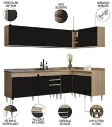 Armário de Cozinha Modulado de Canto 6 Peças CP33 com Pia Inox Castanh