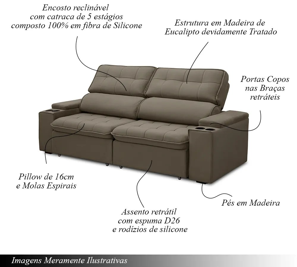 Sofá Retrátil e Reclinável 3 Lugares 210cm Zoho Porta Copos no Braço Veludo Castor G22 - Gran Belo