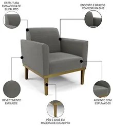 Sofá Namoradeira e 2 Poltronas Base Madeira Castanho Maressa Suede Gra