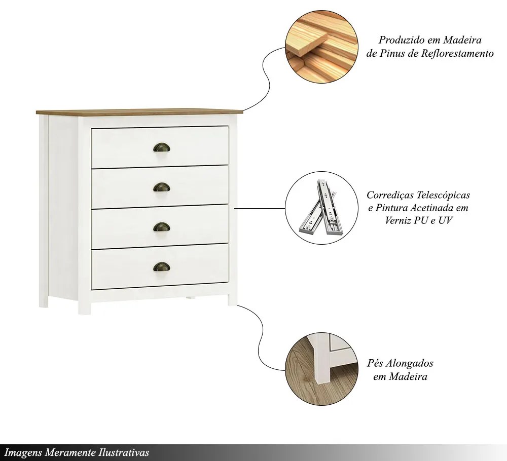 Cômoda Decorativa Madeira Maciça Osiris 4 Gavetas Branco/Freijó G74 - Gran Belo