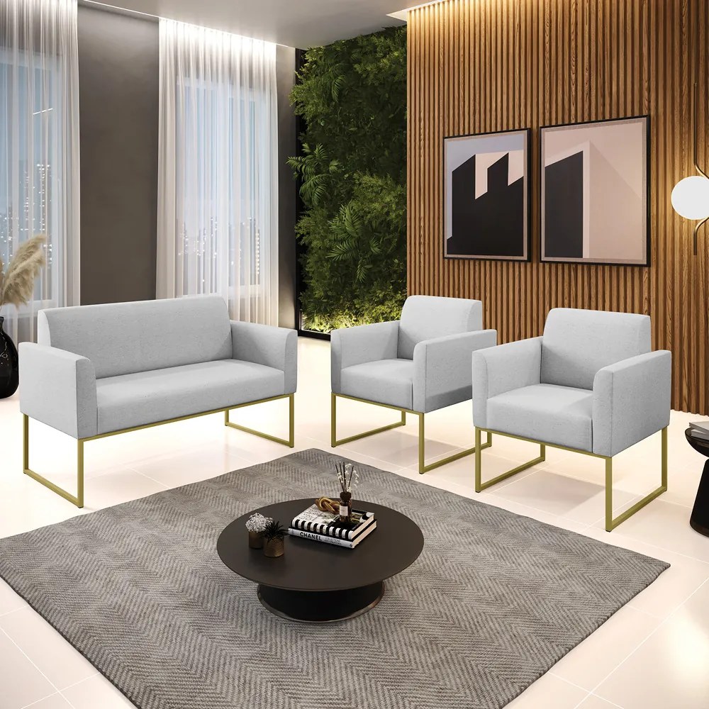 Sofá Namoradeira com 2 Poltronas Base Industrial Dourado Marisa Linho D03 - D'Rossi - A05 Cinza