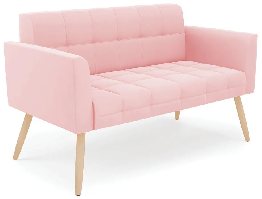 Kit 1 Sofá Namoradeira e 1 Poltrona Elisa Suede Rosa Bebê Pés Palito Natural - D'Rossi