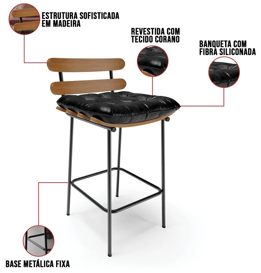 Banqueta Costela Corano Base Metálica Preto M11 - D'Rossi - Preto