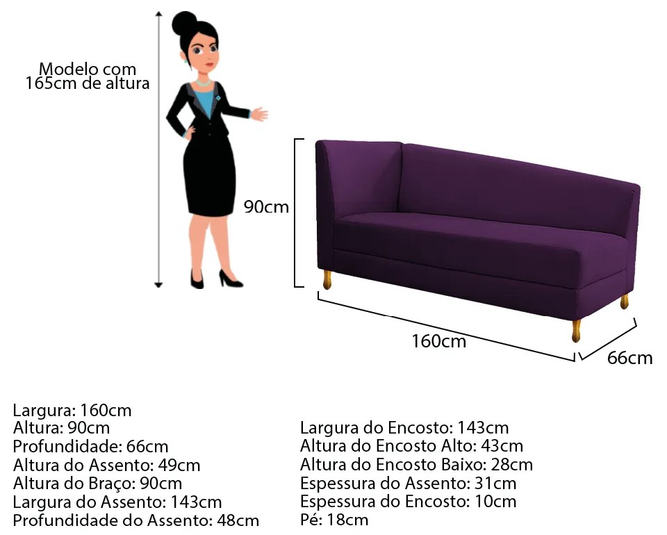 Recamier Valéria 160cm Lado Direito Suede Roxo - ADJ Decor