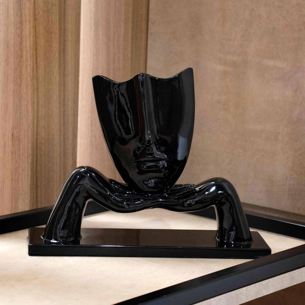 Escultura Máscara Com Base Descanso Em Cerâmica Preto 23x30 Cm - D'Rossi