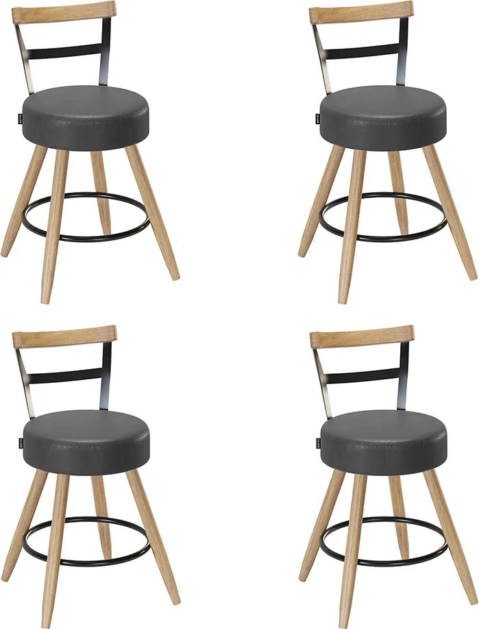 Banqueta Baixa Cozinha 50cm Encosto Pé Madeira Kit 4 Kyara Pu S02 - D'Rossi - Preto