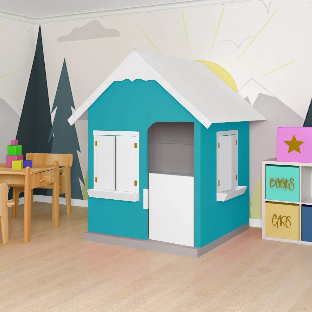 Casinha De Brinquedo Com Floreiros MDF Azul Turquesa/Branco L12 - Gran Belo