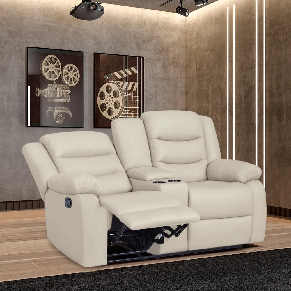 Poltrona Reclinável Sala de Cinema 2 Lugares Massagem Aquecimento Hollywood Manual Porta Copos Baú Central PU Bege G94 - Gran Belo