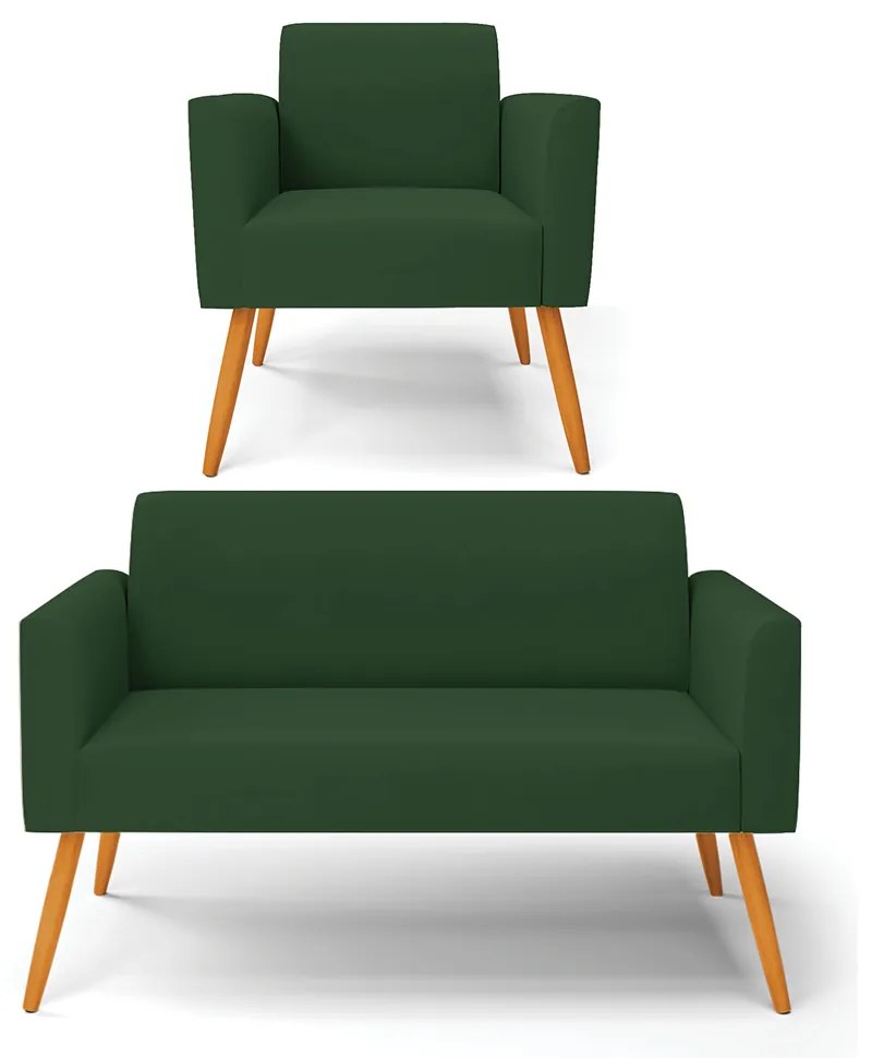Sofá Namoradeira com Poltrona Pés Palito Castanho Marisa Veludo D03 - D'Rossi - Verde