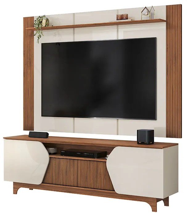 Painel e Bancada TV 75" Rocha Ripado Canelado 4 Portas OffWhite/Freijó G18 - Gran Belo