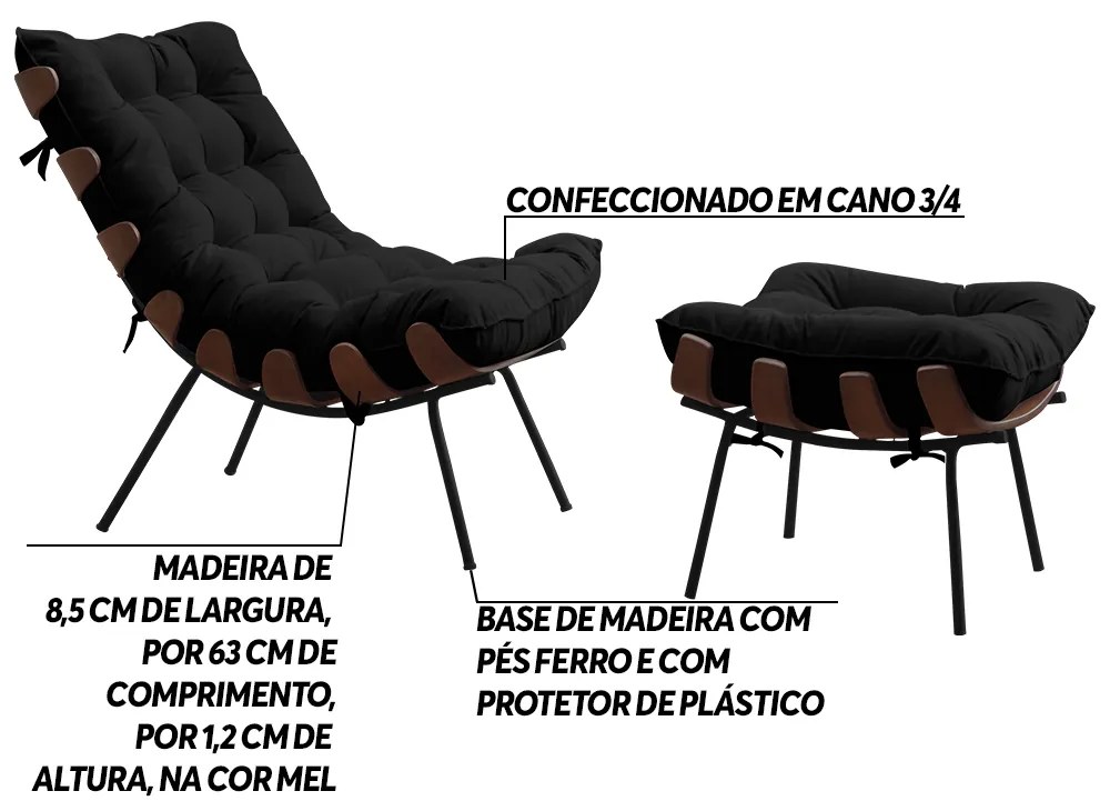 Conjunto Decorativo Poltrona e Puff Abel Base de Madeira Preto Veludo Preto G41 - Gran Belo