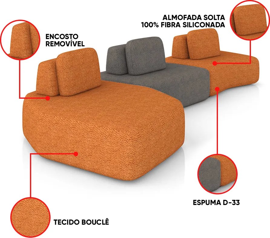 Sofá 3 Lugares Orgânico com Chaise e 2 Módulos Berlim Bouclê Cr K01 - D'Rossi - Caramelo/Grafite