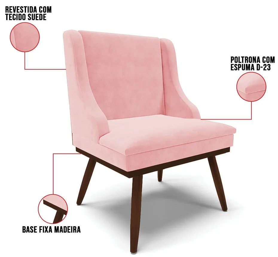 Cadeira de Jantar Liz Suede Base Fixa Madeira com Pés Palito Tabaco D03 - D'Rossi - Rosa Bebê