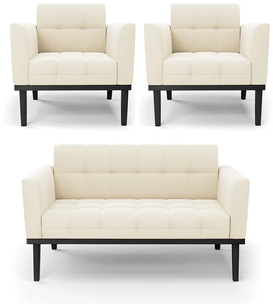 Conjunto 2 Poltronas e 1 Namoradeira Decorativa Karen Pés Fixo em Madeira Preto Veludo Bege G19 - Gran Belo