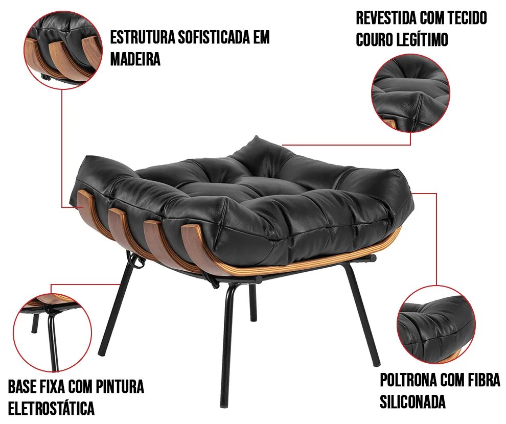 Puff Costela Couro Preto Base Metálica Preto - D'Rossi