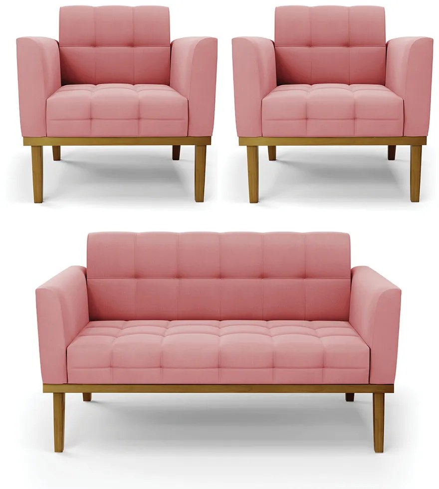 Namoradeira com 2 Poltronas Base de Madeira Castanho Elisa Suede D03 - D'Rossi - Rose