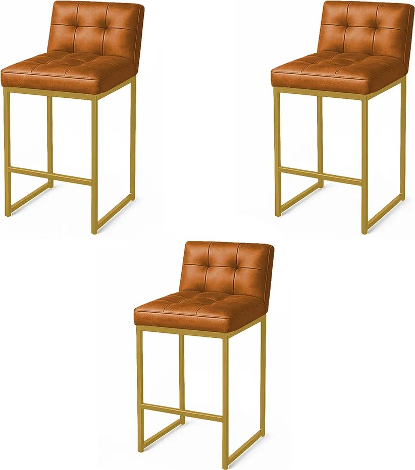 Banqueta Cozinha Alta com Encosto Industrial Kit 3 Dourado Lirina PU Whisky C05 - D'Rossi