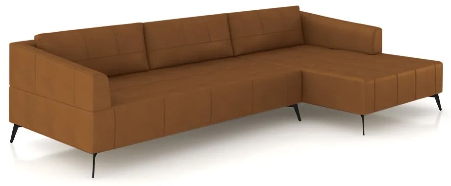 Sofá Bipartido Sala de Estar Kiara 312cm Chaise Direito Pés de Ferro Couro Caramelo G52 - Gran Belo