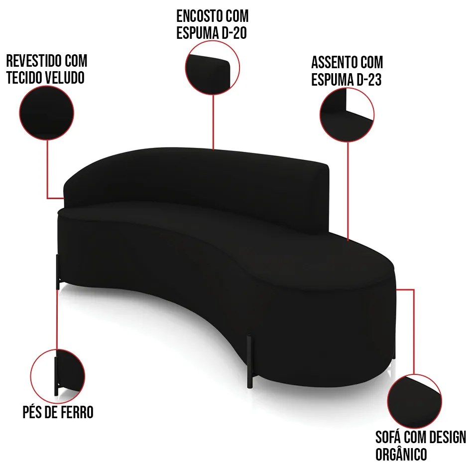 Sofá 4 Lugares Orgânico 220cm Pé Ferro Preto Morgan Veludo D03 - D'Rossi - Preto