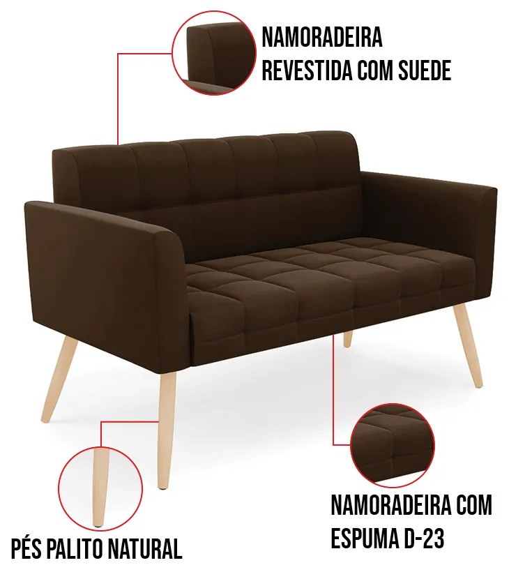 Kit 1 Sofá Namoradeira e 1 Poltrona Elisa Suede Pés Palito Natural D03 - D'Rossi - Marrom
