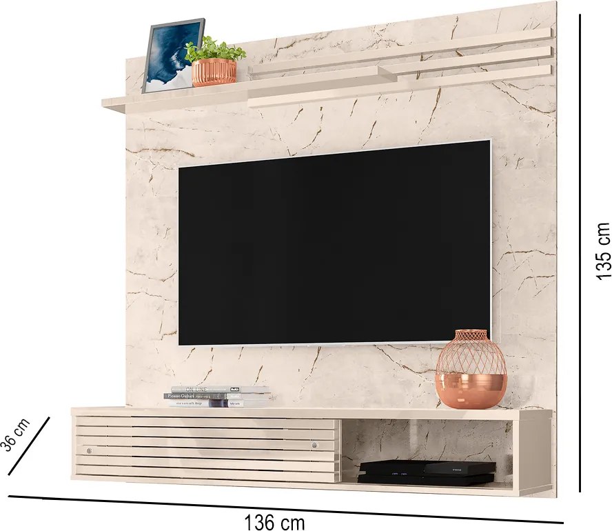 Painel TV 55 Pol 136cm Bancada Suspensa para Sala Briven Calacata/Off White M20 - D'Rossi
