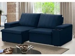 Sofá Retrátil Reclinável 3 Lugares 205cm Baluart F05 Veludo Azul - Mpo