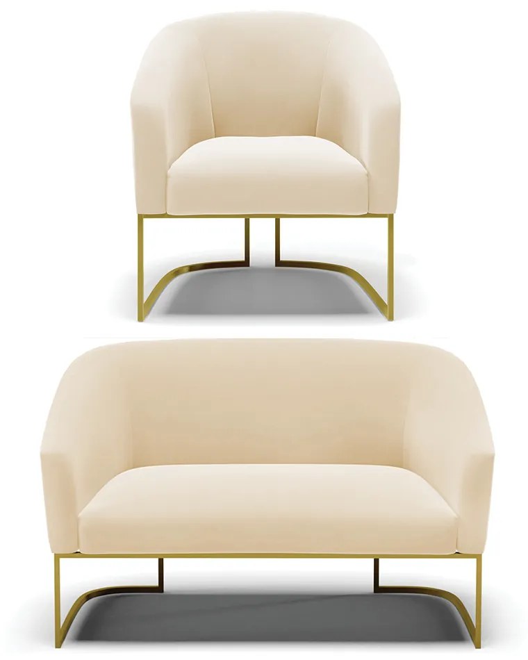 Sofá Namoradeira e Poltrona Industrial Dourado Stella Suede D03 - D'Rossi - Bege