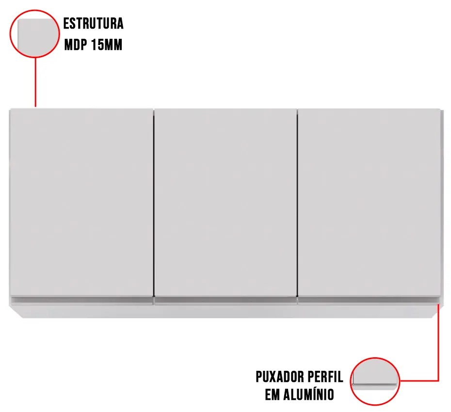 Armário Aéreo de Cozinha Lavanderia 03 Portas Tina 120 cm L06 - D'Rossi - Branco