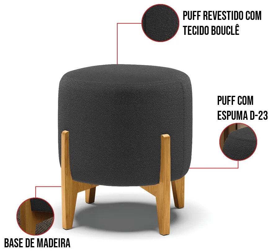 Poltrona e Puff Decorativo Base Madeira Stella PU Nozes/Bouclê D03 - D'Rossi - Grafite