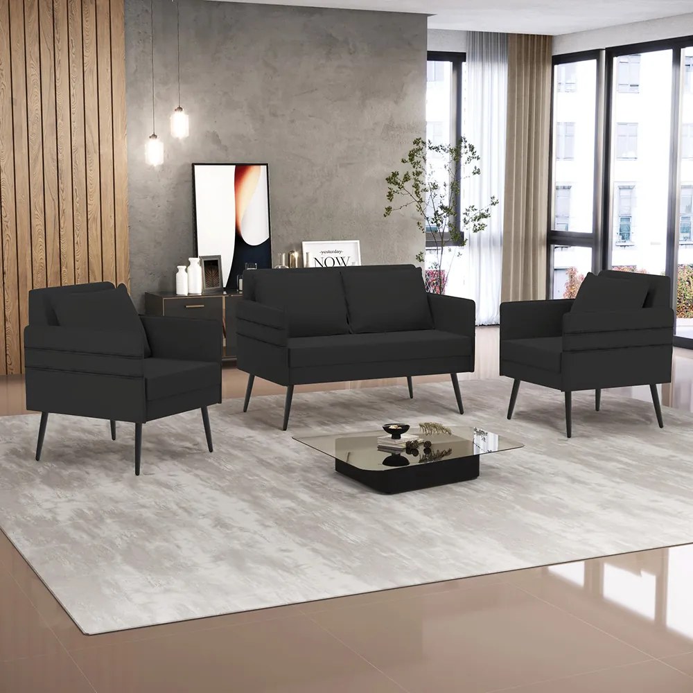 Kit 01 Namoradeira 02 Lugares e 02 Poltronas Mari Veludo Preto Pés Palito de Ferro