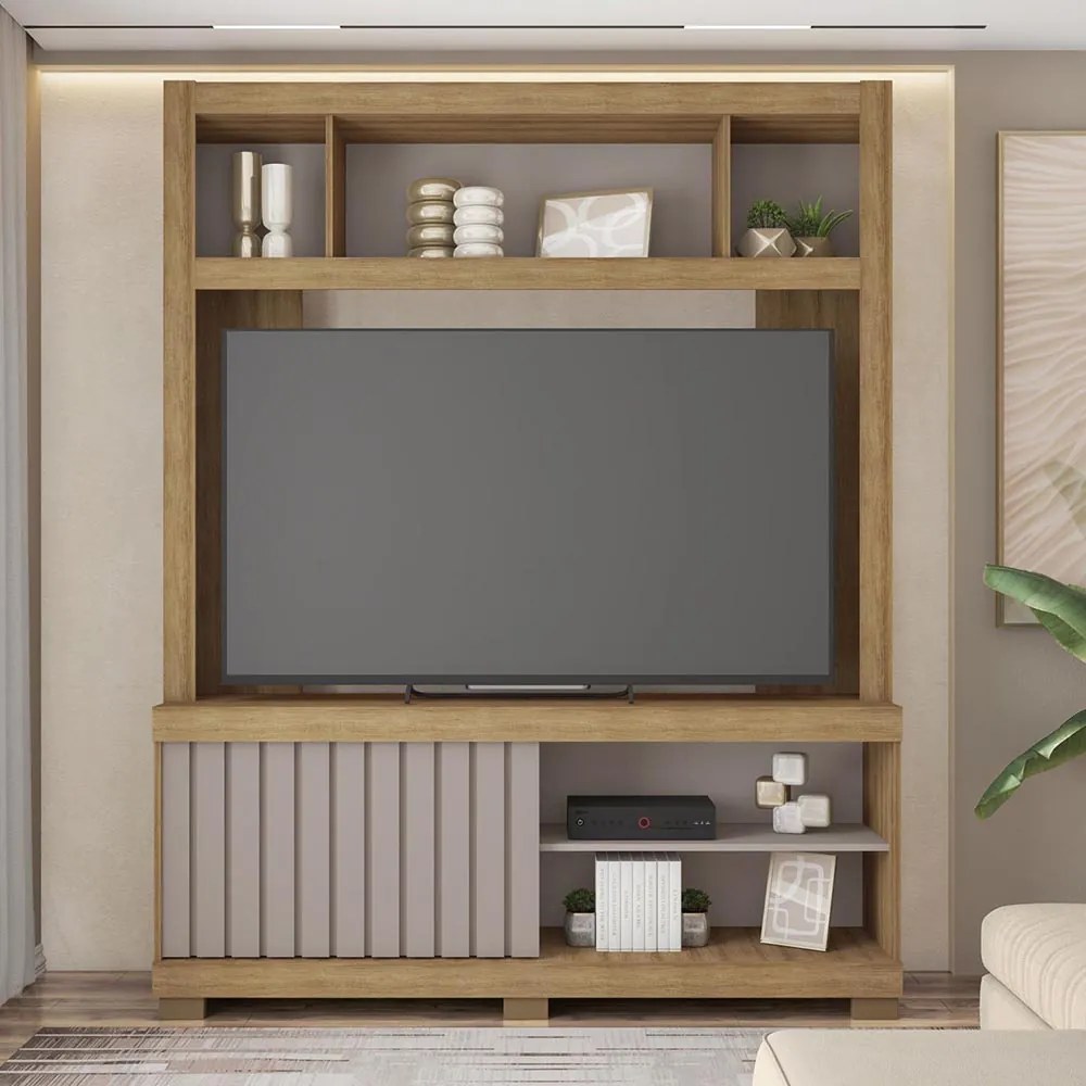 Estante TV 60 Pol 160cm Sala de Estar Ravik C01 - D'Rossi - Bege Amarelado/Cinza