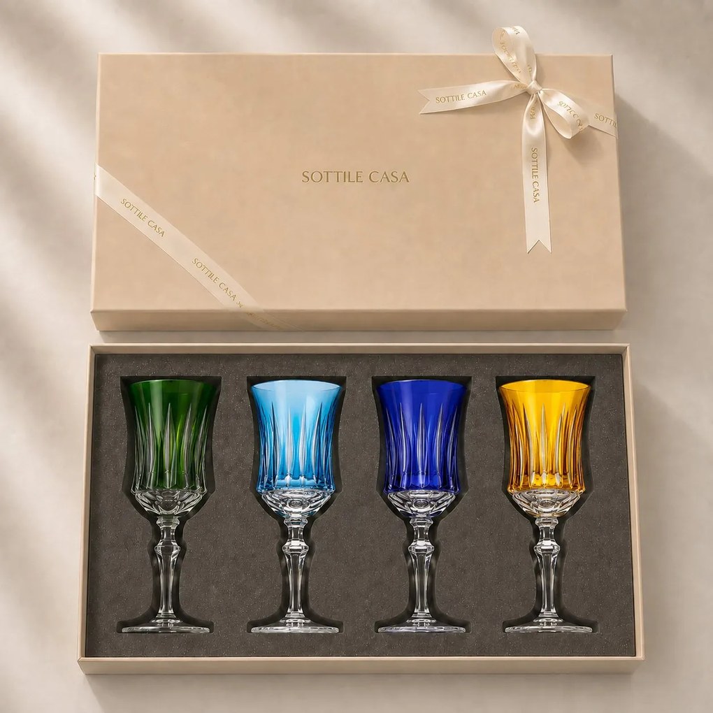 Kit 4 Taças Coloridas de Cristal Flauta Lapidado 66 p/ Vinho Tinto c/ Caixa de Presente - KT04 KT04