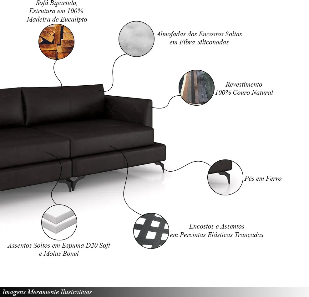 Sofá Living Bipartido 250cm Indonésia Pés de Ferro Couro Borgonha Manchado G52 - Gran Belo