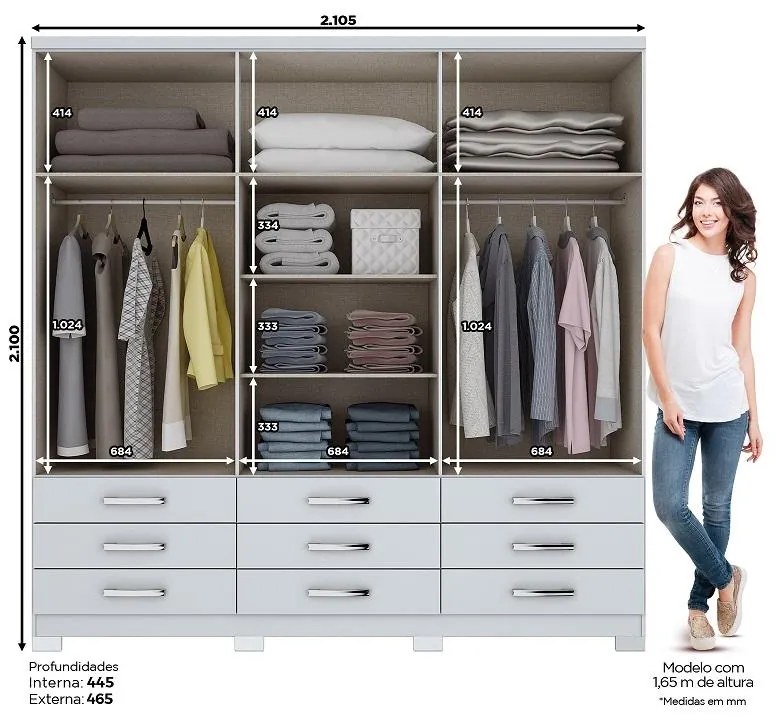 Guarda Roupa Roupeiro Casal 6 Portas 9 Gavetas Lara Branco