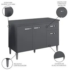 Balcão Gabinete Para Pia Com Tampo 120cm 3 Portas e 1 Gaveta Gabriela