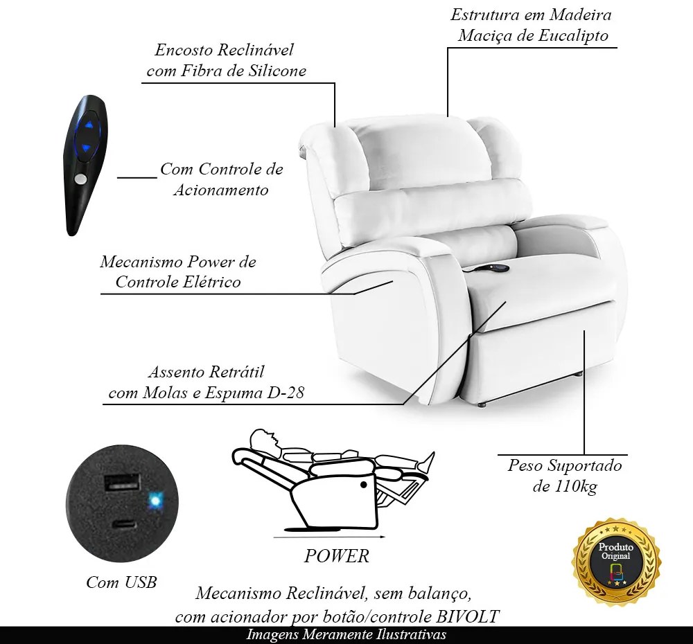 Poltrona do Papai Sala de Cinema Reclinável Kylie Controle Power Elétrico USB PU Branco G23