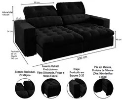 Sofá Retrátil e Reclinável 3 Lugares 200cm Viena A12 Suede Preto - Mpo