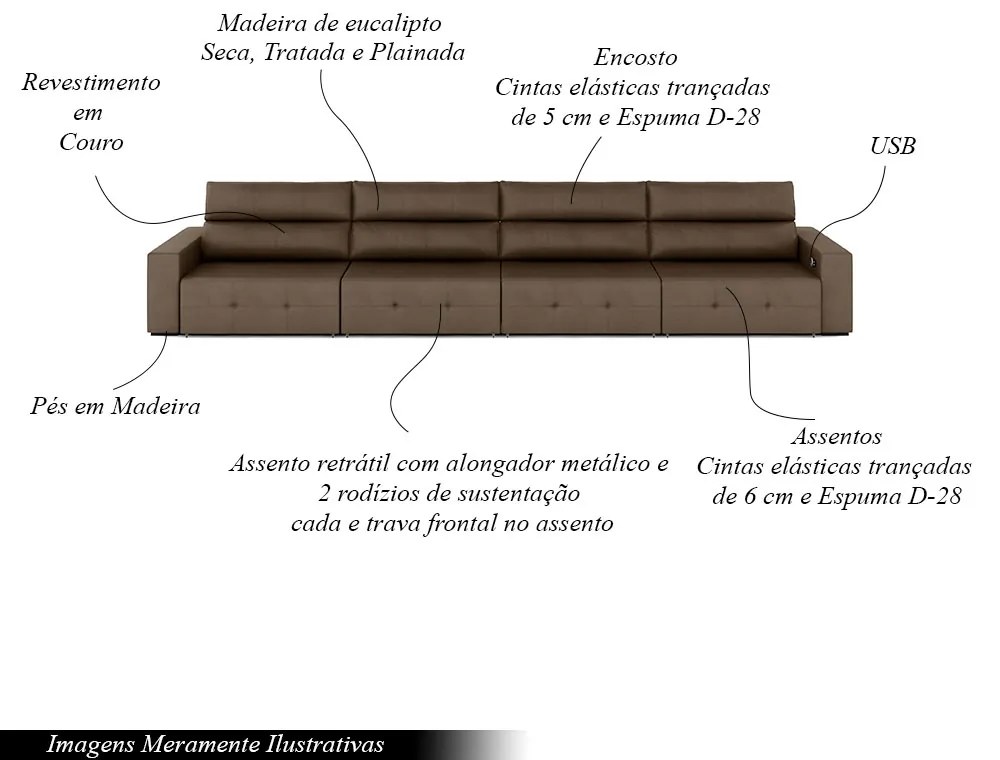 Sofá Retrátil 8 Lugares 484cm 4 Módulos Nero com USB Couro Cappuccino G52 - Gran Belo