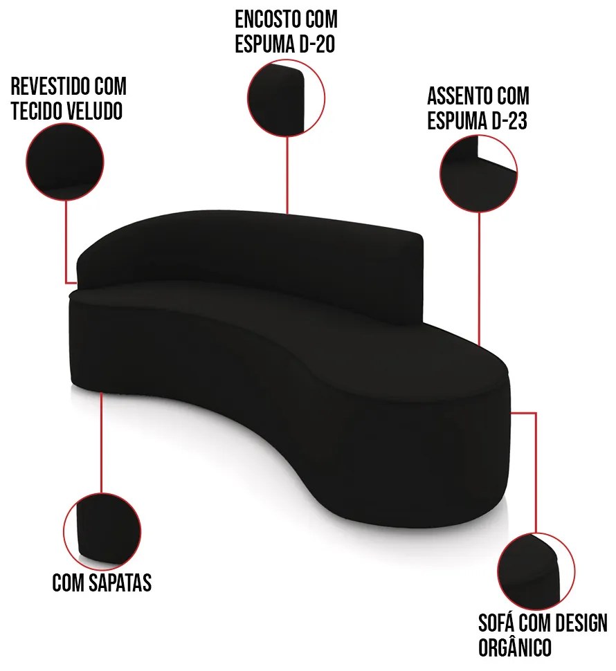 Sofá 4 Lugares Orgânico 220cm Morgan e 2 Poltronas Lua Veludo D03 - D'Rossi - Preto
