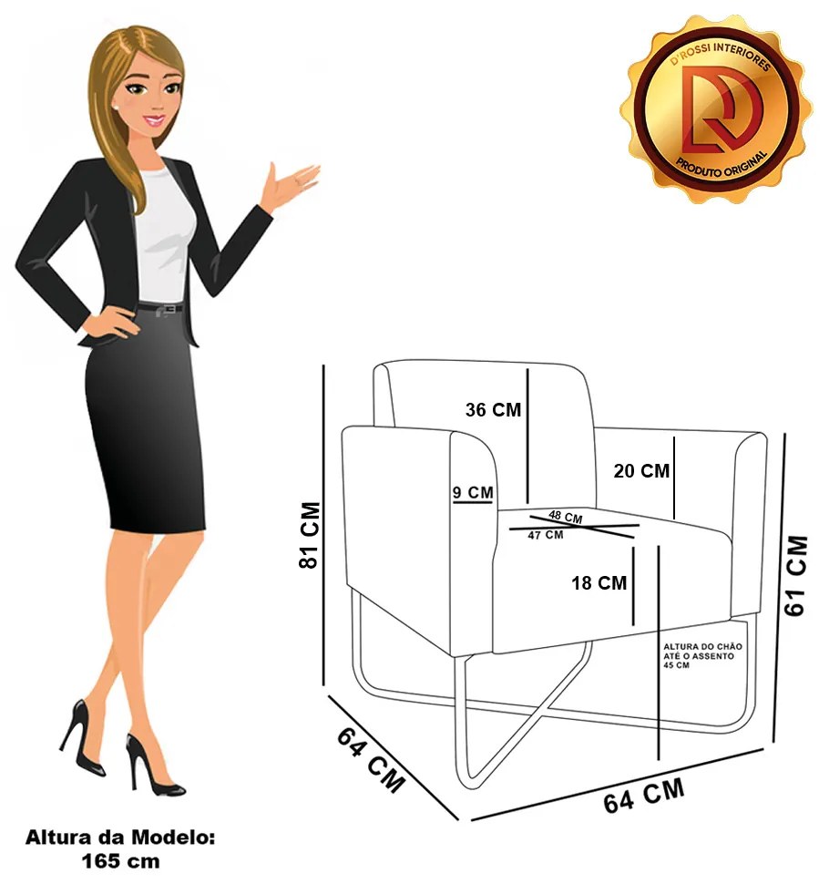 Poltrona Sala Decorativa Marisa Base Aço Industrial X Preto Sintético PU D03 - D'Rossi - Branco