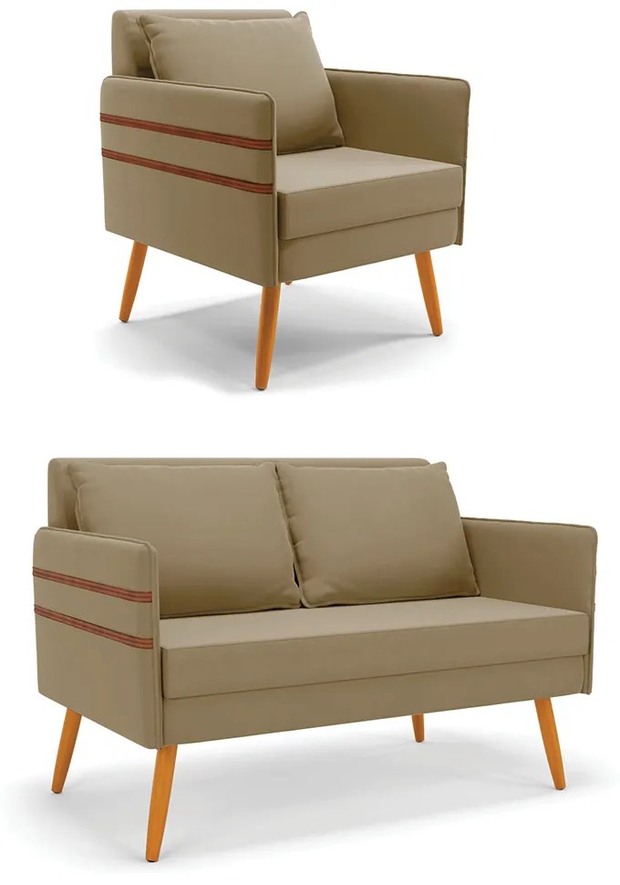 Kit 01 Namoradeira 02 Lugares e 01 Poltrona Mari Suede Marrom Rato Pés Palito Castanho - D'Rossi