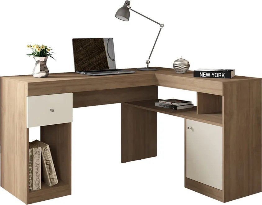 Escrivaninha Mesa Computador de Canto Office 137cm Suzan Bege Amarelado/Off White C01 - D'Rossi