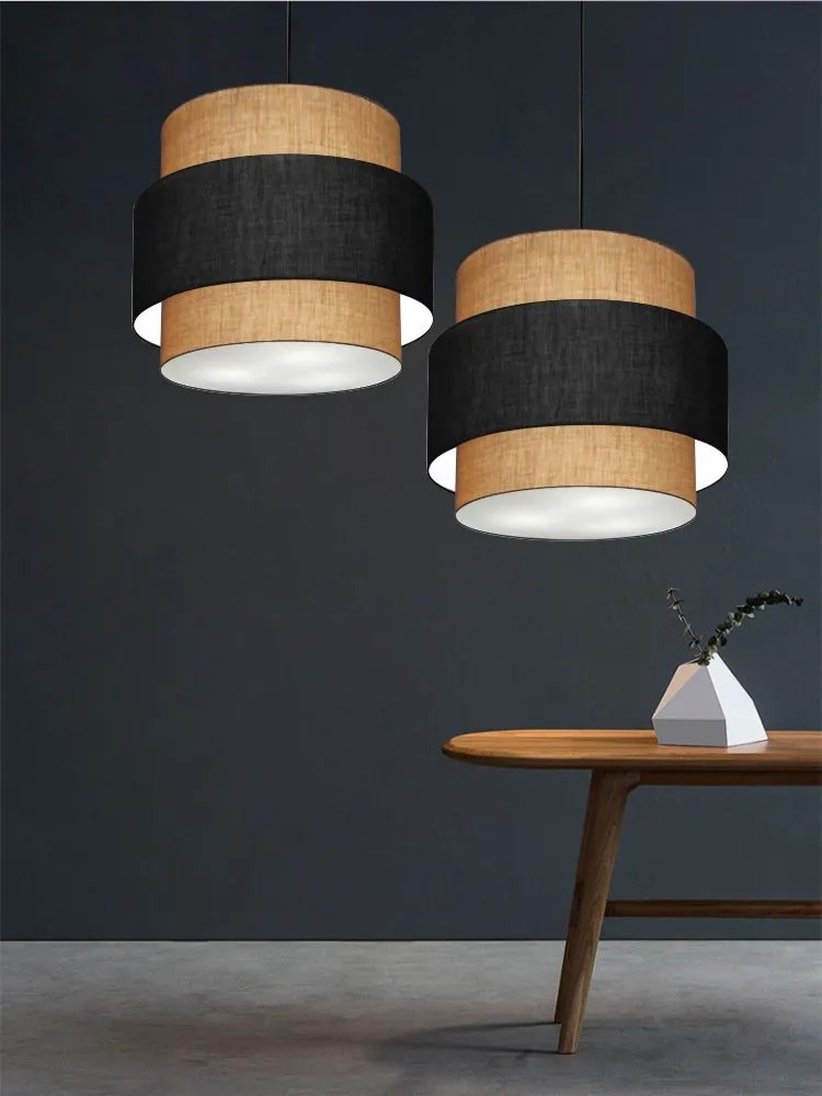 Lustre Pendente Cilíndrico Md-4384 Cúpula em Tecido Preto e Palha Tam 50cm