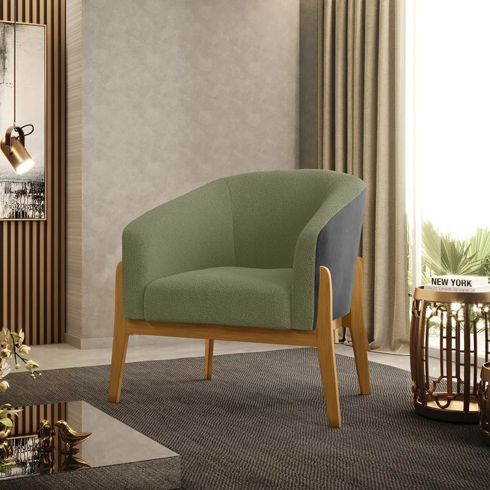 Poltrona e Puff Decorativo Base Madeira Stella PU Preto/Bouclê D03 - D'Rossi - Pistache