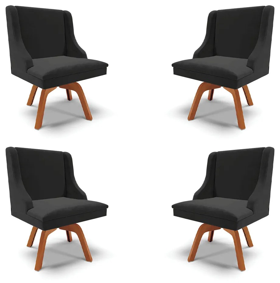 Kit 4 Cadeiras Decorativas Sala de Jantar Base Giratória de Madeira Firenze Veludo Preto/Natural G19 - Gran Belo