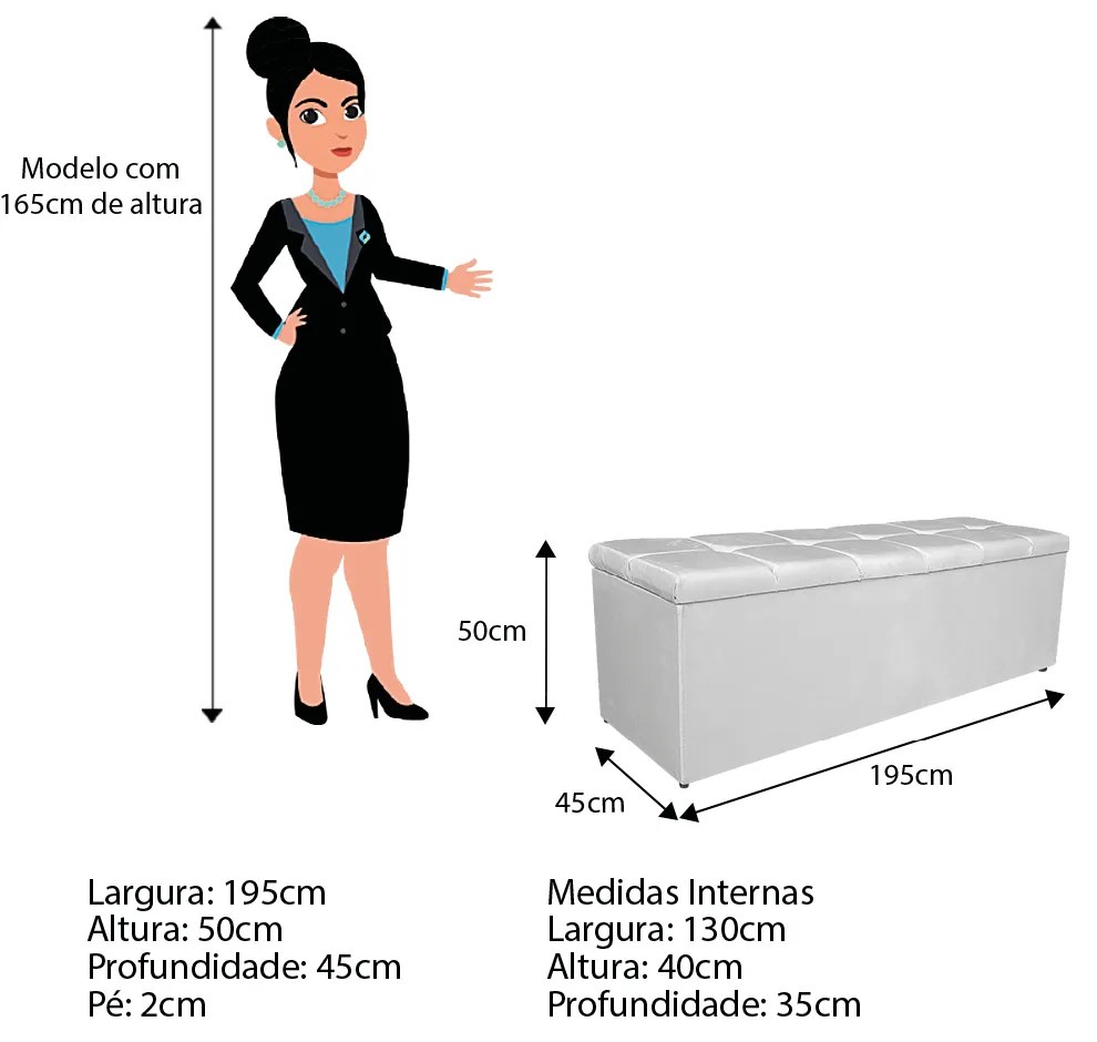 Calçadeira Estofada Manchester 195 cm King Size Suede Branco - ADJ Decor