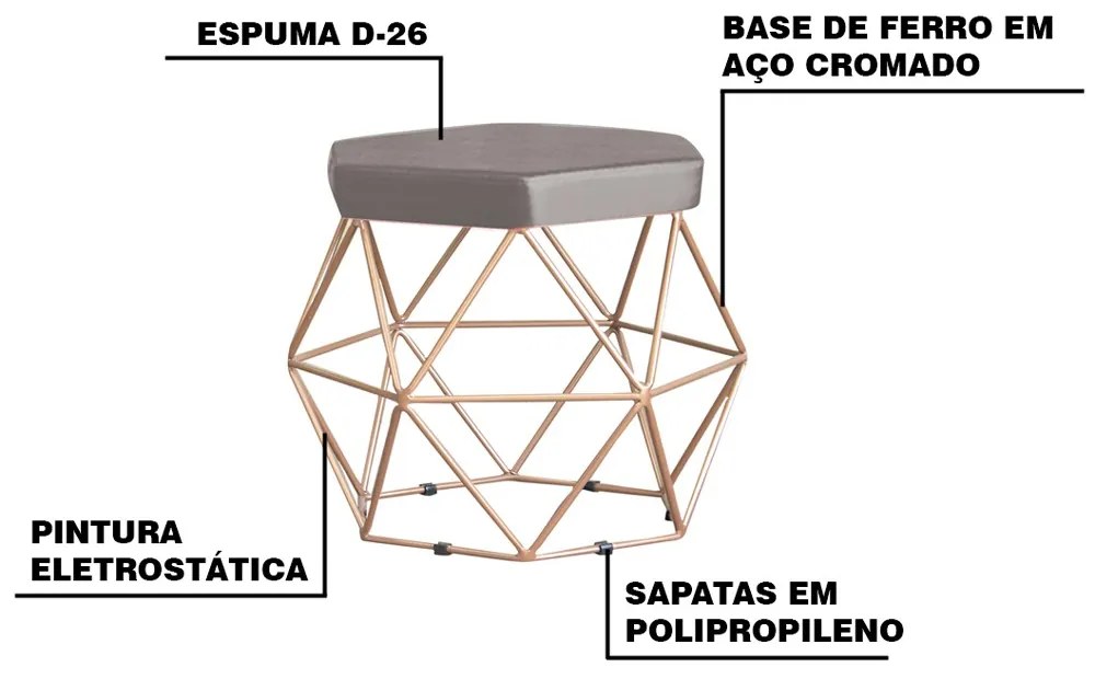 Kit 2 Puff Decorativo Base Gold Elsa Veludo Cinza G41 - Gran Belo