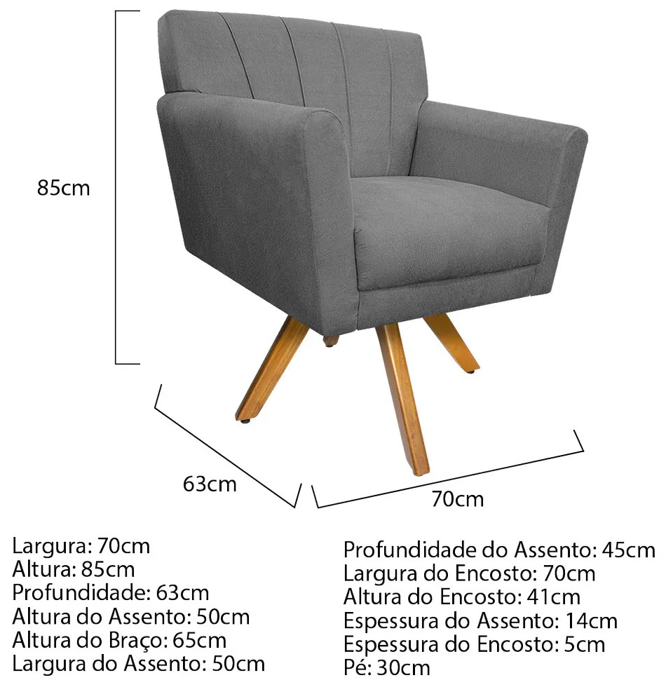 Poltrona Laura Base Giratória de Madeira Suede Cinza - ADJ Decor